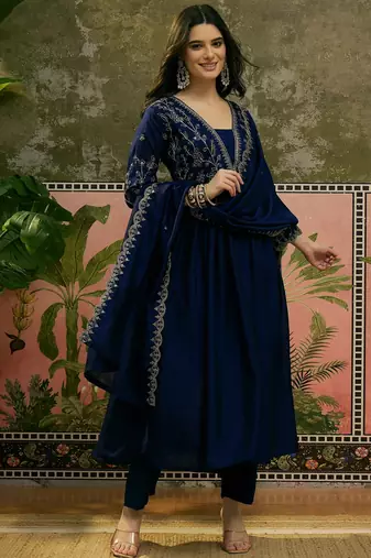 Blue color vichitra silk fabric smart and girlie ethnic kurta set