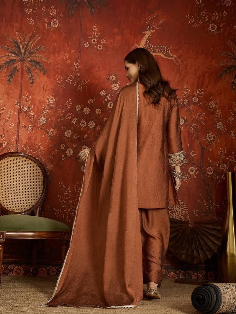 Rust color beautiful ceremonial heavy embroidered ceremonial salwar kameez