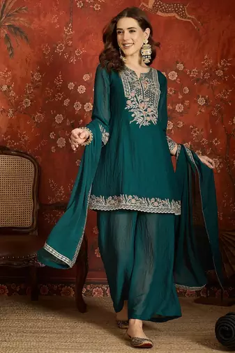Rama color beautiful ceremonial heavy embroidered ceremonial salwar kameez