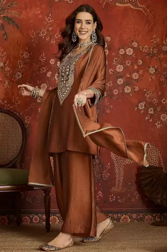 Rust color beautiful ceremonial heavy embroidered ceremonial salwar kameez