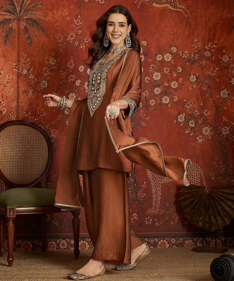 Rust color beautiful ceremonial heavy embroidered ceremonial salwar kameez