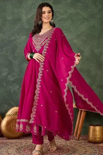 Pink color vichitra silk fabric smart and girlie ethnic kurta set