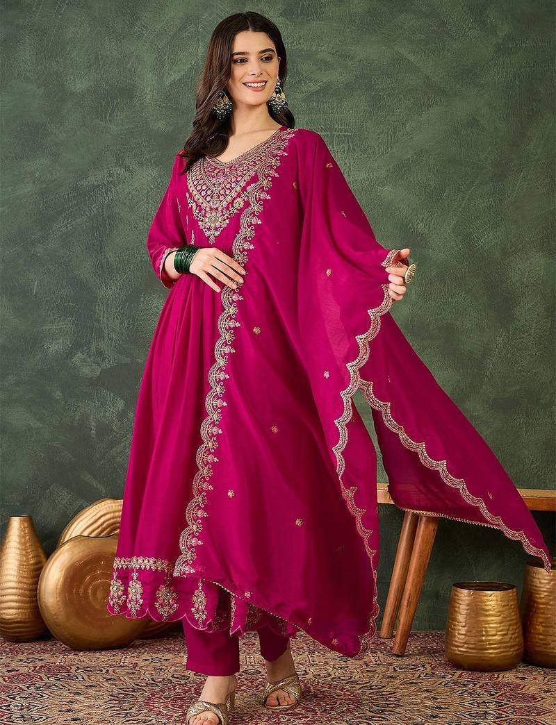Pink color vichitra silk fabric smart and girlie ethnic kurta set