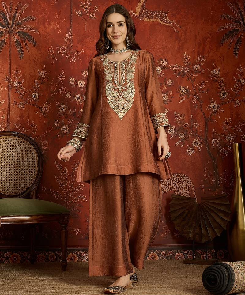 Rust color beautiful ceremonial heavy embroidered ceremonial salwar kameez