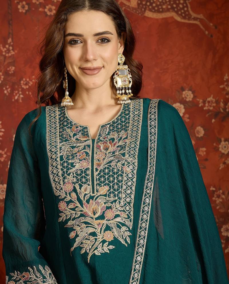Rama color beautiful ceremonial heavy embroidered ceremonial salwar kameez