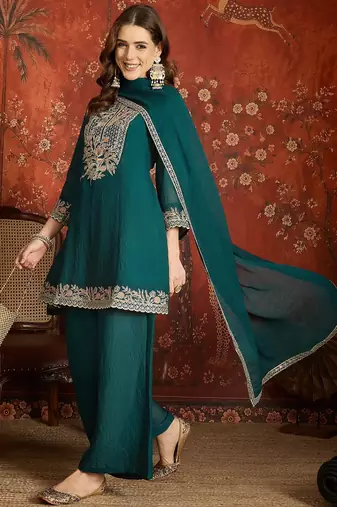 Rama color beautiful ceremonial heavy embroidered ceremonial salwar kameez