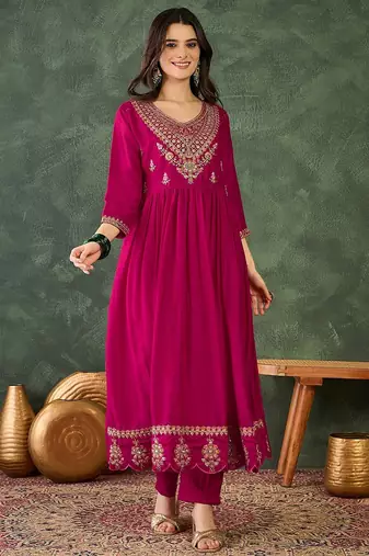 Pink color vichitra silk fabric smart and girlie ethnic kurta set