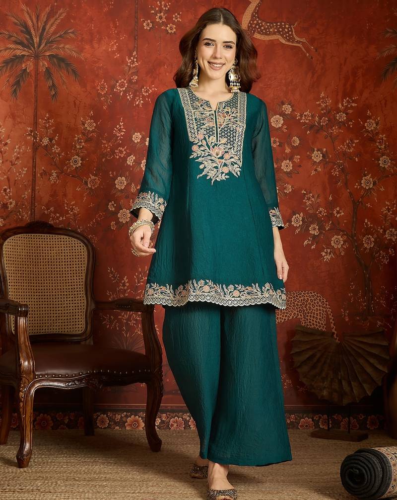 Rama color beautiful ceremonial heavy embroidered ceremonial salwar kameez
