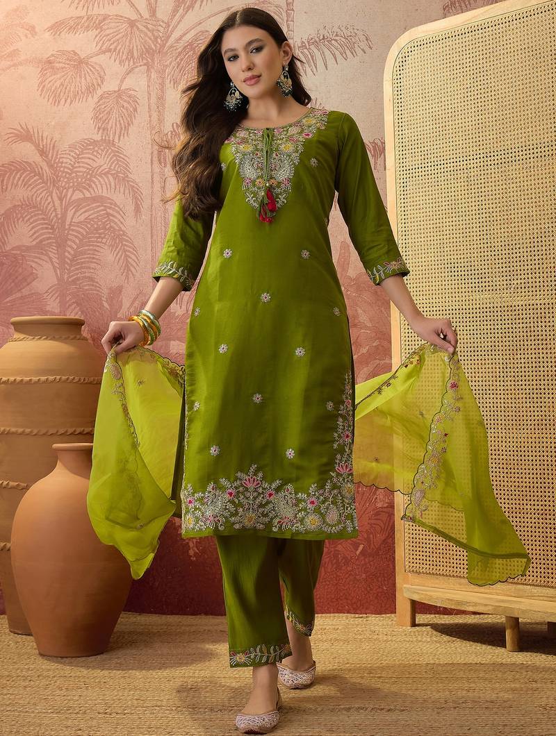 Mahendi color rayon fabric smart and girlie ethnic kurta set