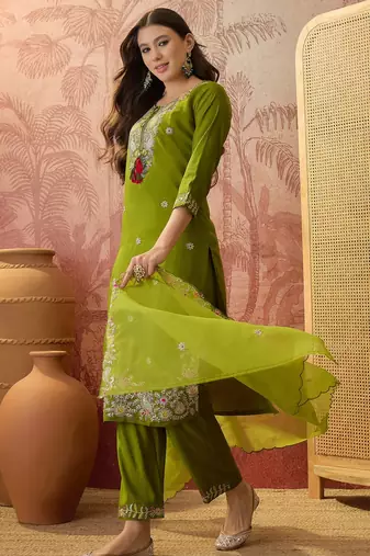 Mahendi color rayon fabric smart and girlie ethnic kurta set