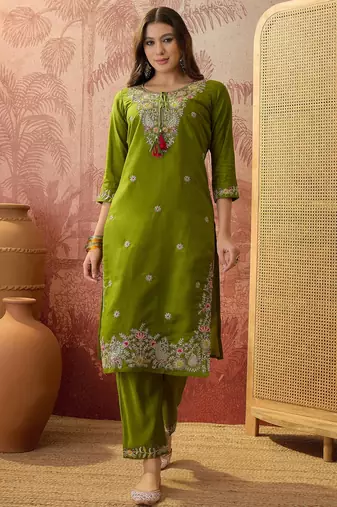 Mahendi color rayon fabric smart and girlie ethnic kurta set