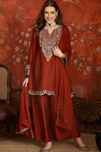 Rust color beautiful ceremonial heavy embroidered ceremonial salwar kameez