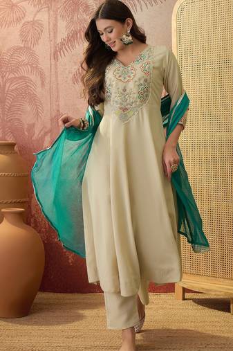 Chiku color rayon fabric smart and girlie ethnic kurta set