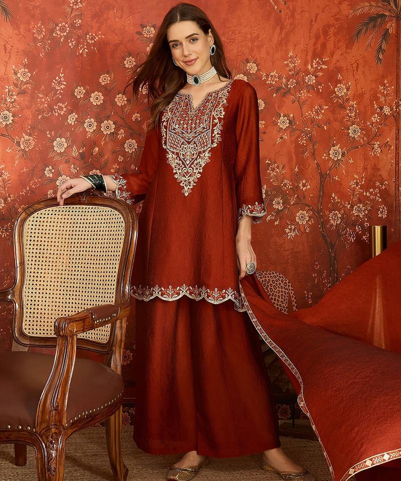 Rust color beautiful ceremonial heavy embroidered ceremonial salwar kameez