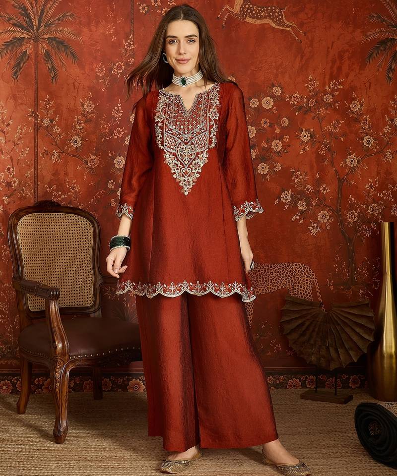 Rust color beautiful ceremonial heavy embroidered ceremonial salwar kameez