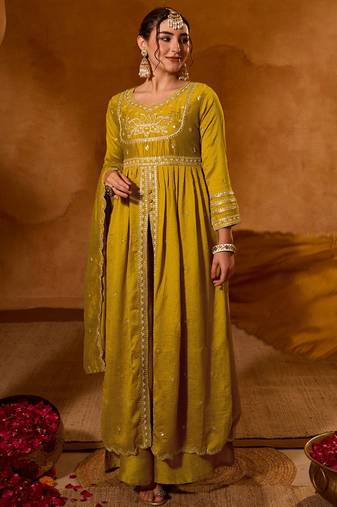 Mustard color viscose silk fabric smart and girlie ethnic kurta set