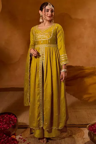 Mustard color viscose silk fabric smart and girlie ethnic kurta set