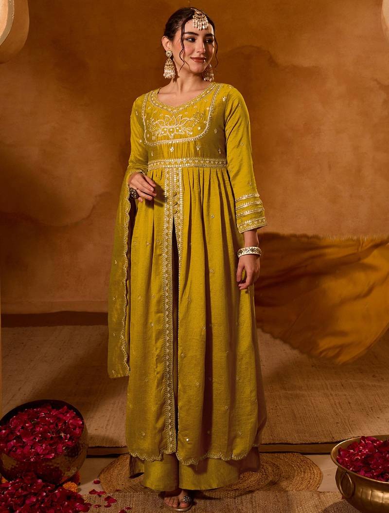 Mustard color viscose silk fabric smart and girlie ethnic kurta set