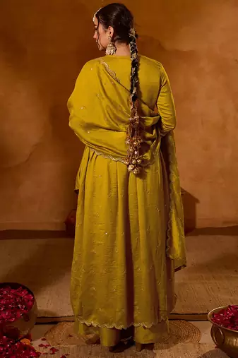 Mustard color viscose silk fabric smart and girlie ethnic kurta set