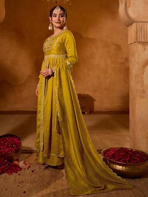 Mustard color viscose silk fabric smart and girlie ethnic kurta set 4