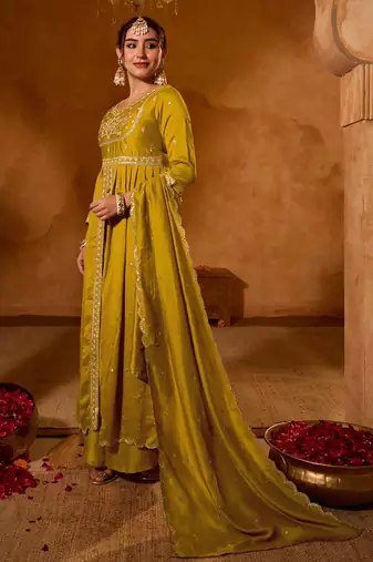 Mustard color viscose silk fabric smart and girlie ethnic kurta set