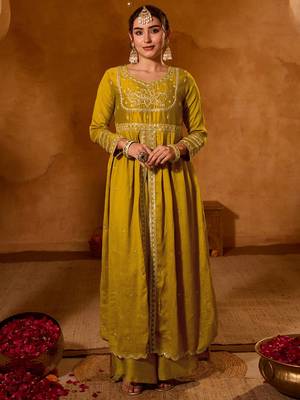 Mustard color viscose silk fabric smart and girlie ethnic kurta set 5