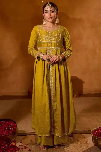 Mustard color viscose silk fabric smart and girlie ethnic kurta set