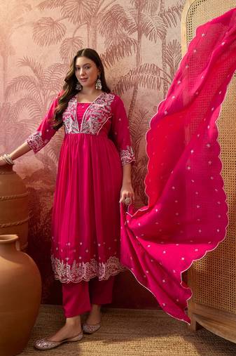 Pink color vichitra silk fabric smart and girlie ethnic kurta set