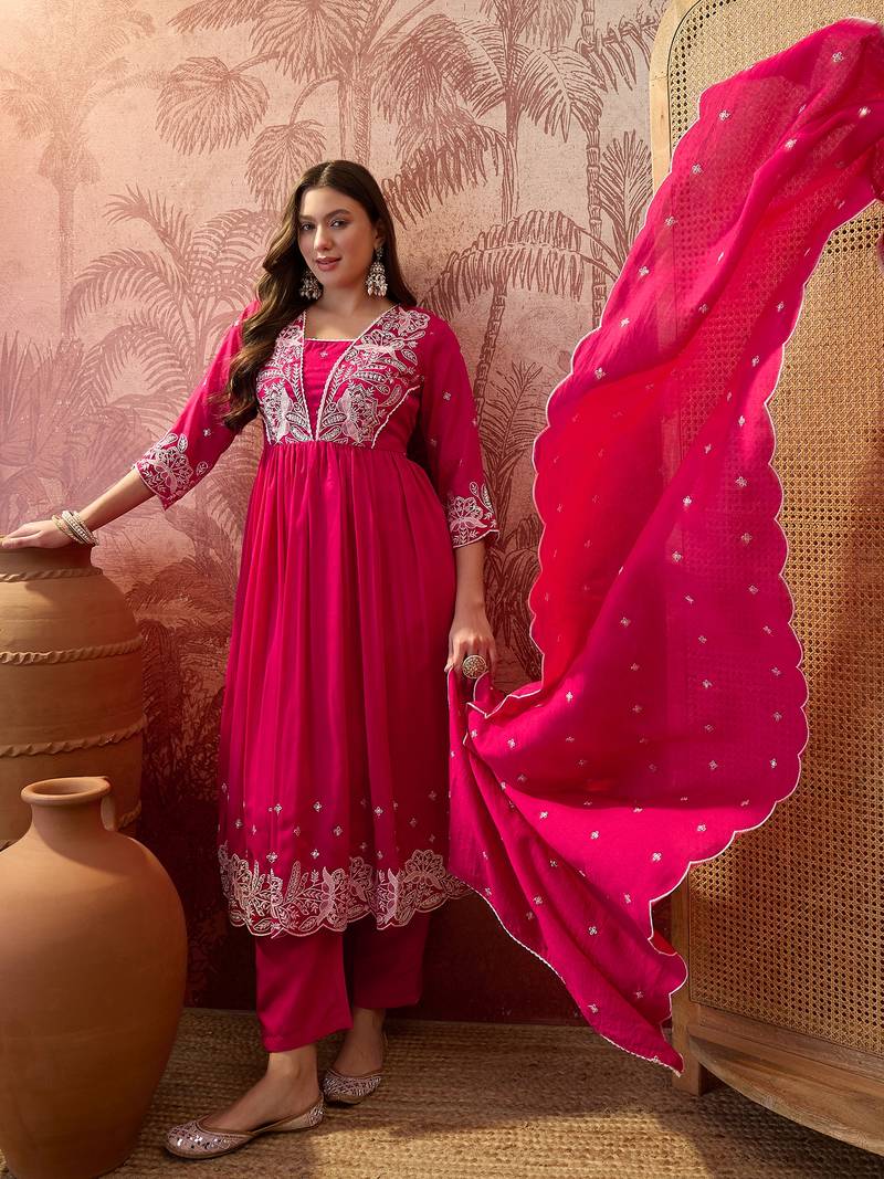 Pink color vichitra silk fabric smart and girlie ethnic kurta set