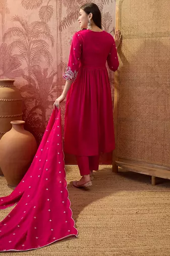 Pink color vichitra silk fabric smart and girlie ethnic kurta set