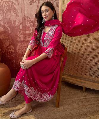 Pink color vichitra silk fabric smart and girlie ethnic kurta set 3