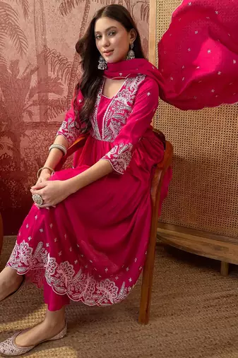 Pink color vichitra silk fabric smart and girlie ethnic kurta set