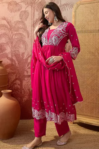 Pink color vichitra silk fabric smart and girlie ethnic kurta set