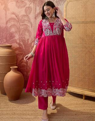 Pink color vichitra silk fabric smart and girlie ethnic kurta set 5