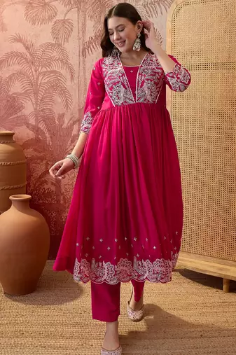 Pink color vichitra silk fabric smart and girlie ethnic kurta set