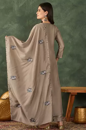 Beige color vichitra silk fabric smart and girlie ethnic kurta set
