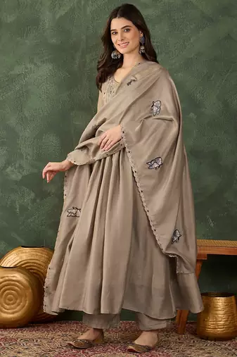 Beige color vichitra silk fabric smart and girlie ethnic kurta set