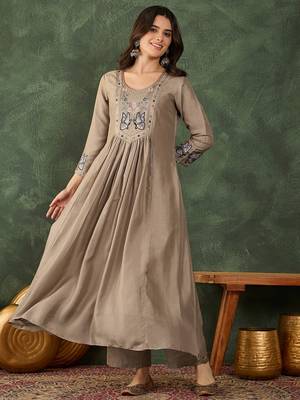 Beige color vichitra silk fabric smart and girlie ethnic kurta set 5