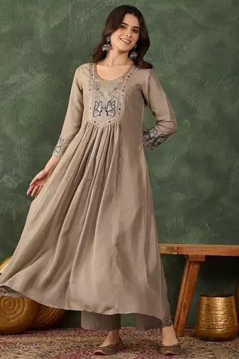 Beige color vichitra silk fabric smart and girlie ethnic kurta set