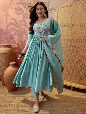 Sky blue color silk   fabric smart and girlie ethnic kurta set 1