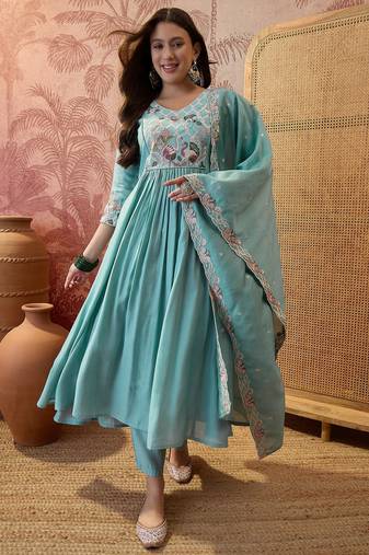 Sky blue color silk   fabric smart and girlie ethnic kurta set