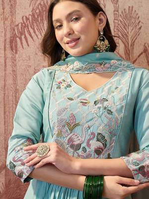 Sky blue color silk   fabric smart and girlie ethnic kurta set 3