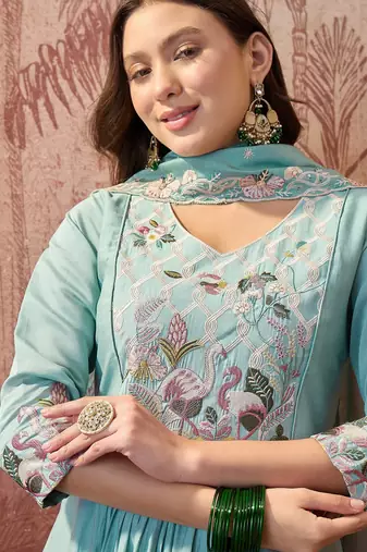 Sky blue color silk   fabric smart and girlie ethnic kurta set