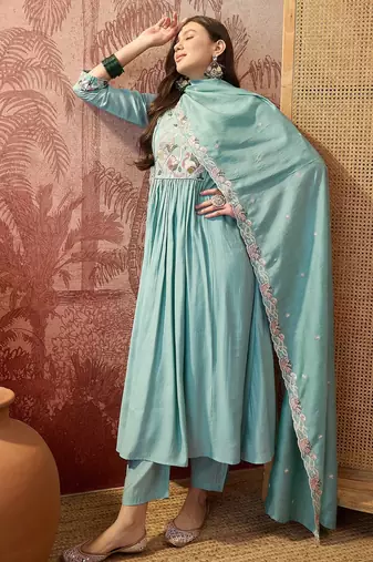 Sky blue color silk   fabric smart and girlie ethnic kurta set