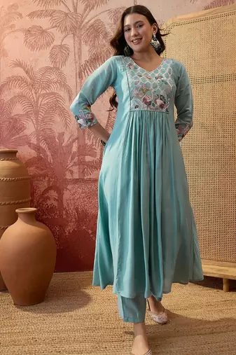 Sky blue color silk   fabric smart and girlie ethnic kurta set