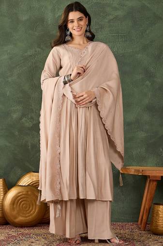 Beige color silk fabric smart and girlie ethnic kurta set