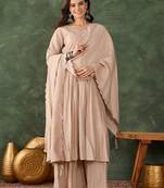 Beige color silk fabric smart and girlie ethnic kurta set