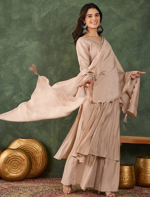 Beige color silk fabric smart and girlie ethnic kurta set 4
