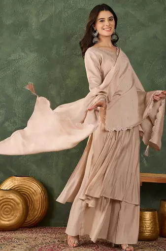Beige color silk fabric smart and girlie ethnic kurta set