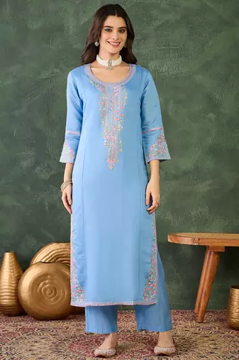 Sky blue color silk fabric smart and girlie ethnic kurta set